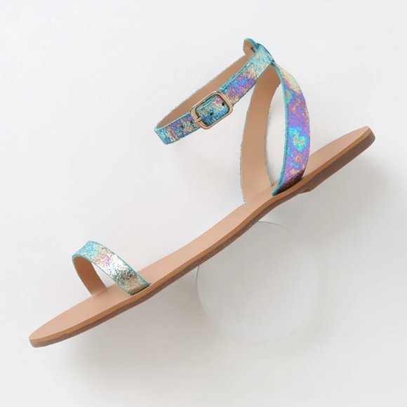 Lulus Leather Flat Ankle Strap Sandals Mermaid - Picture 1 of 5